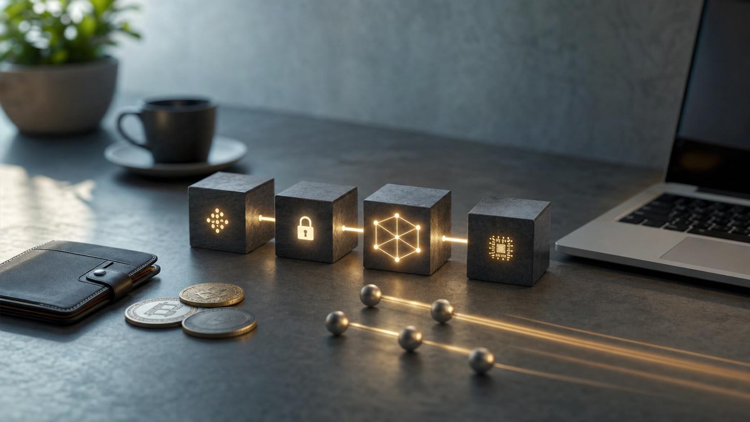 A crypto transaction moving through a blockchain network, with fee components, gas, validators and confirmations shown as connected stages